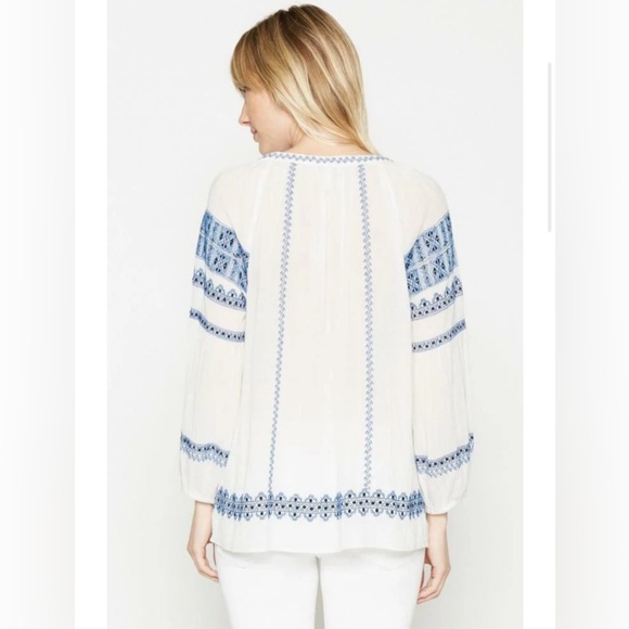 Joie Women's Gauge Cotton Gauze V-Neck Embroidered White Peasant Blouse - Picture 3 of 8